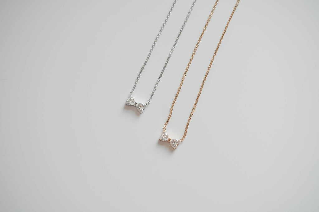 Twin Hearts Bow Necklace 雙心蝴蝶結項鏈 – SOMUSOMU 銀色/金色雙心吊墜頸鏈
